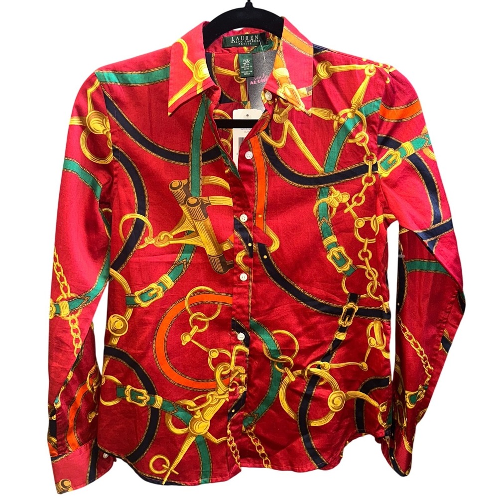 Lauren Ralph Lauren Red Equestrian Horse Bit Scarf Print Button Up Shirt PXS NWT